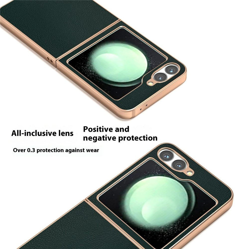 For Samsung Galaxy Z Flip7 FE 5G / Z Flip6 5G Case Electroplating Edge PU Leather Coated PC Phone Cover - Green