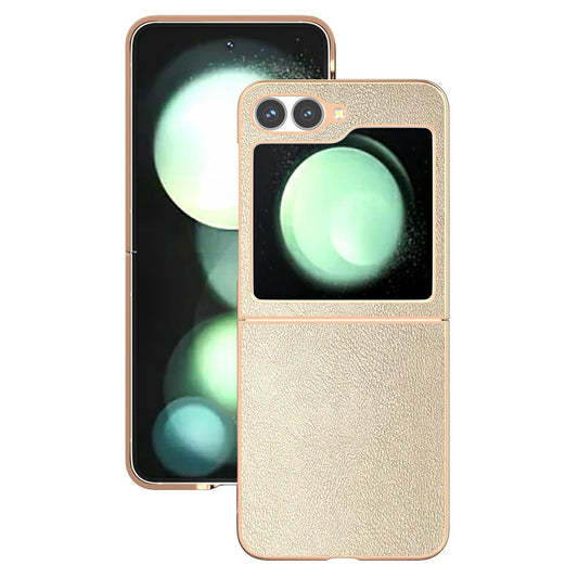 For Samsung Galaxy Z Flip7 FE 5G / Z Flip6 5G Case Electroplating Edge PU Leather Coated PC Phone Cover - Gold