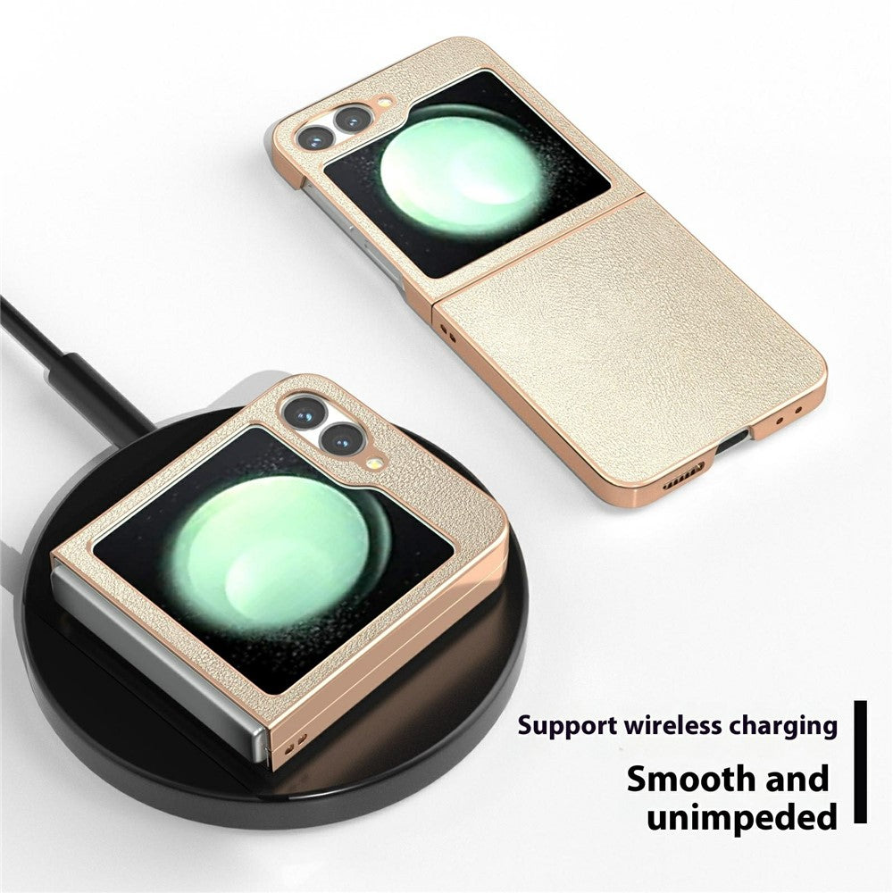 For Samsung Galaxy Z Flip7 FE 5G / Z Flip6 5G Case Electroplating Edge PU Leather Coated PC Phone Cover - Gold