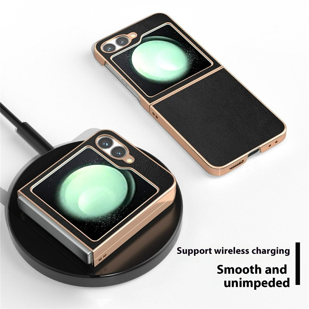 For Samsung Galaxy Z Flip7 FE 5G / Z Flip6 5G Case Electroplating Edge PU Leather Coated PC Phone Cover - Black