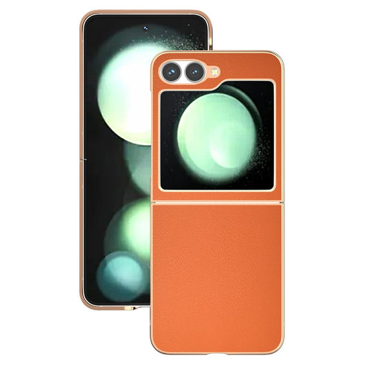 For Samsung Galaxy Z Flip7 FE 5G / Z Flip6 5G Case Electroplating Edge PU Leather Coated PC Phone Cover - Orange