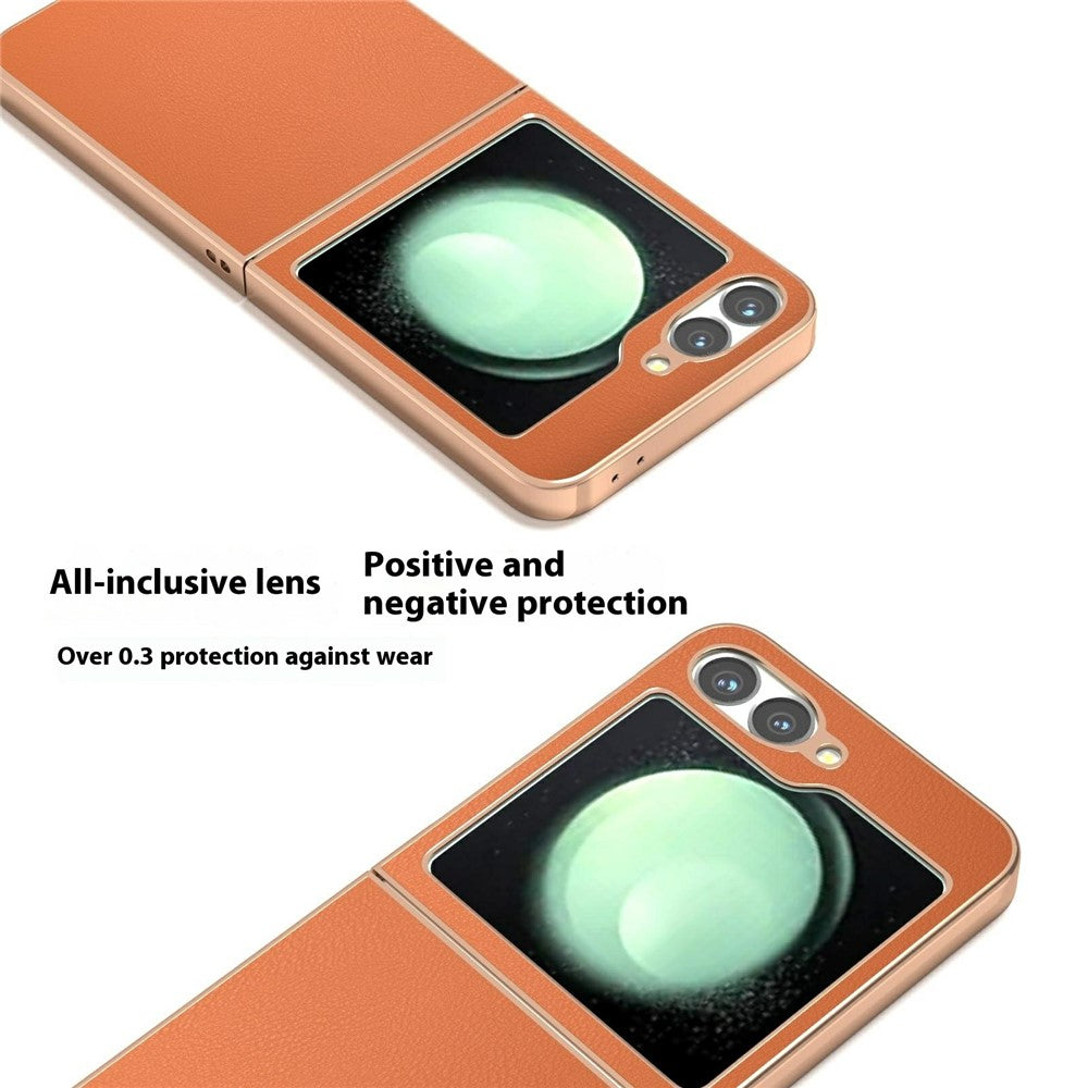 For Samsung Galaxy Z Flip7 FE 5G / Z Flip6 5G Case Electroplating Edge PU Leather Coated PC Phone Cover - Orange