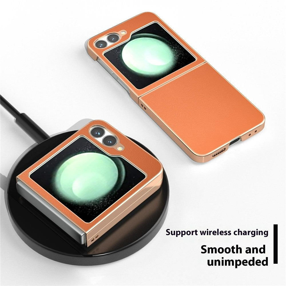 For Samsung Galaxy Z Flip7 FE 5G / Z Flip6 5G Case Electroplating Edge PU Leather Coated PC Phone Cover - Orange