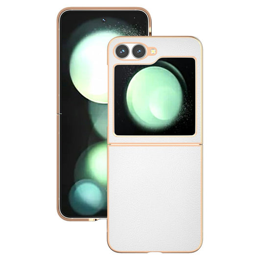 For Samsung Galaxy Z Flip7 FE 5G / Z Flip6 5G Case Electroplating Edge PU Leather Coated PC Phone Cover - White