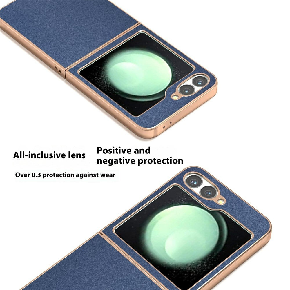 ABEEL For Samsung Galaxy Z Flip7 FE 5G / Z Flip6 5G Case Electroplating Edge Genuine Cow Leather+PC Phone Cover - Blue