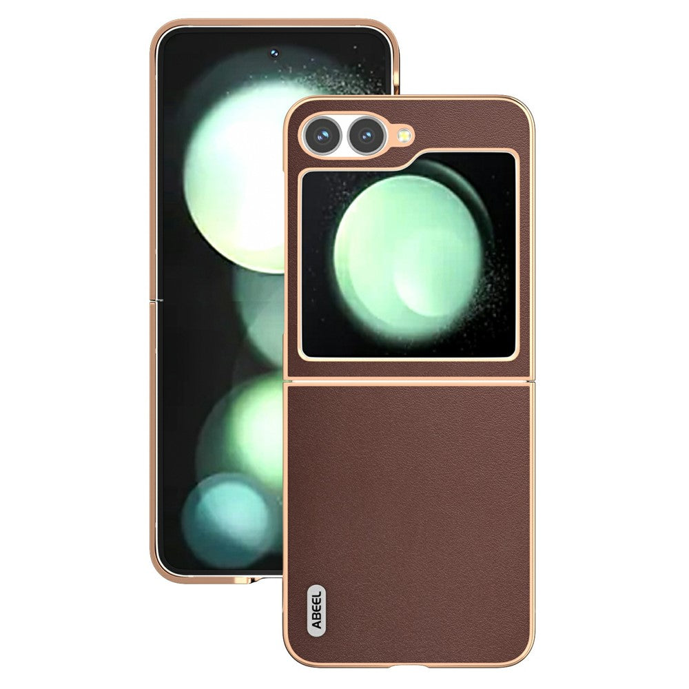 ABEEL For Samsung Galaxy Z Flip7 FE 5G / Z Flip6 5G Case Electroplating Edge Genuine Cow Leather+PC Phone Cover - Coffee