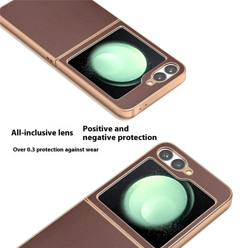 ABEEL For Samsung Galaxy Z Flip7 FE 5G / Z Flip6 5G Case Electroplating Edge Genuine Cow Leather+PC Phone Cover - Coffee