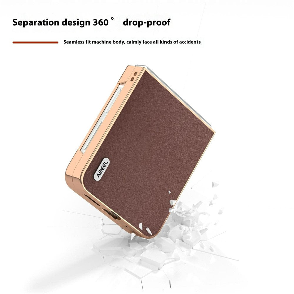 ABEEL For Samsung Galaxy Z Flip7 FE 5G / Z Flip6 5G Case Electroplating Edge Genuine Cow Leather+PC Phone Cover - Coffee