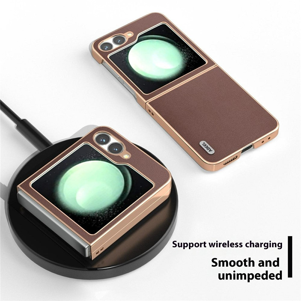 ABEEL For Samsung Galaxy Z Flip7 FE 5G / Z Flip6 5G Case Electroplating Edge Genuine Cow Leather+PC Phone Cover - Coffee