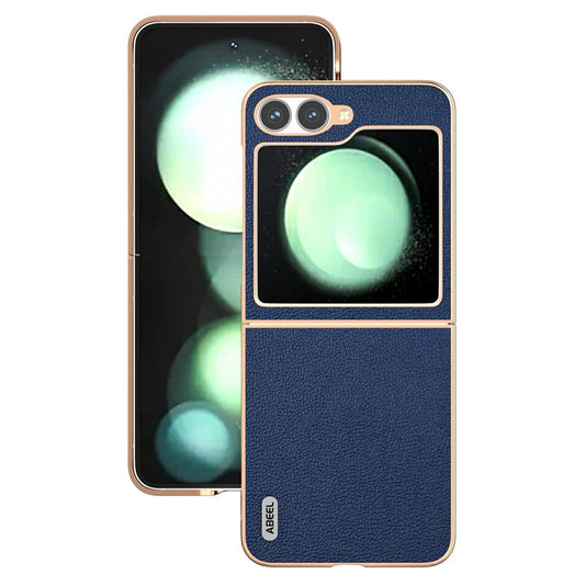 ABEEL For Samsung Galaxy Z Flip7 FE 5G / Z Flip6 5G Case Electroplating Edge Genuine Cow Leather Coated PC Phone Cover - Blue