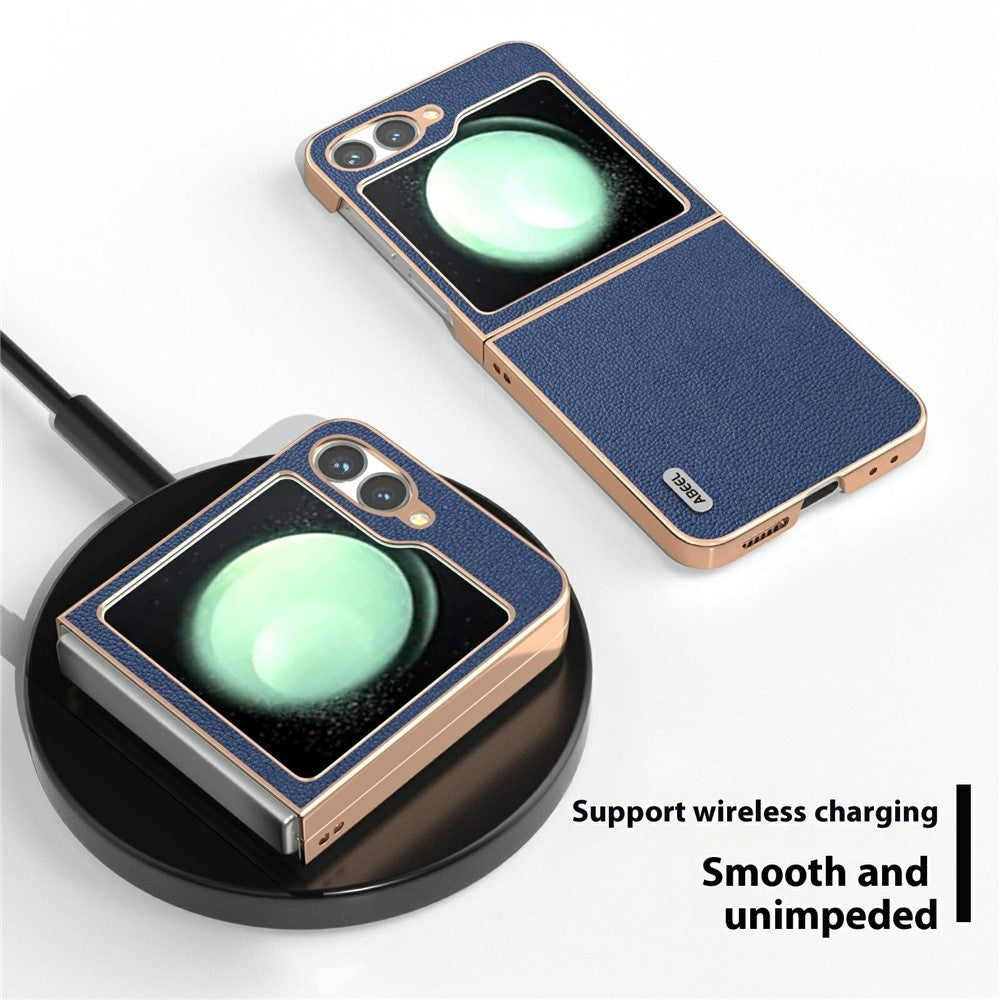 ABEEL For Samsung Galaxy Z Flip7 FE 5G / Z Flip6 5G Case Electroplating Edge Genuine Cow Leather Coated PC Phone Cover - Blue