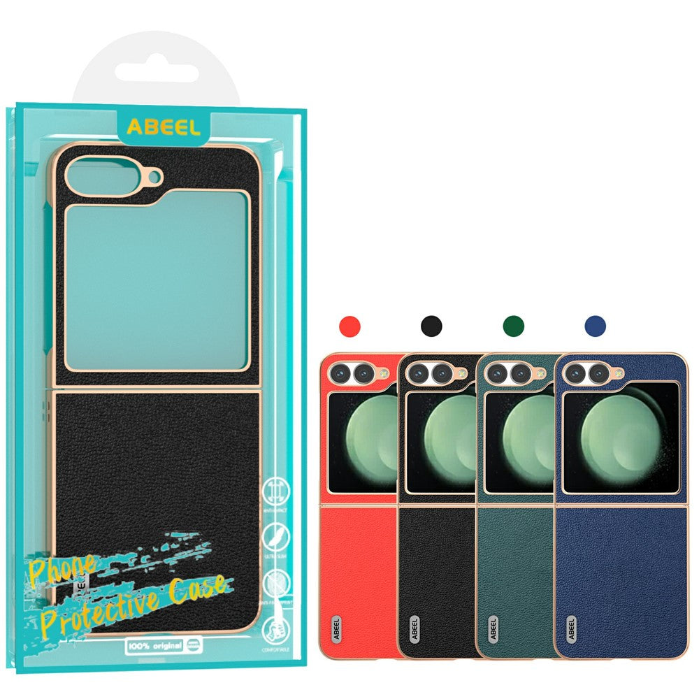 ABEEL For Samsung Galaxy Z Flip7 FE 5G / Z Flip6 5G Case Electroplating Edge Genuine Cow Leather Coated PC Phone Cover - Blue