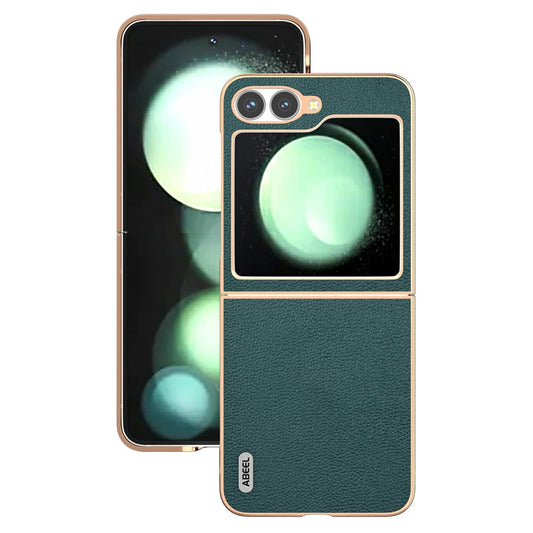ABEEL For Samsung Galaxy Z Flip7 FE 5G / Z Flip6 5G Case Electroplating Edge Genuine Cow Leather Coated PC Phone Cover - Midnight Green