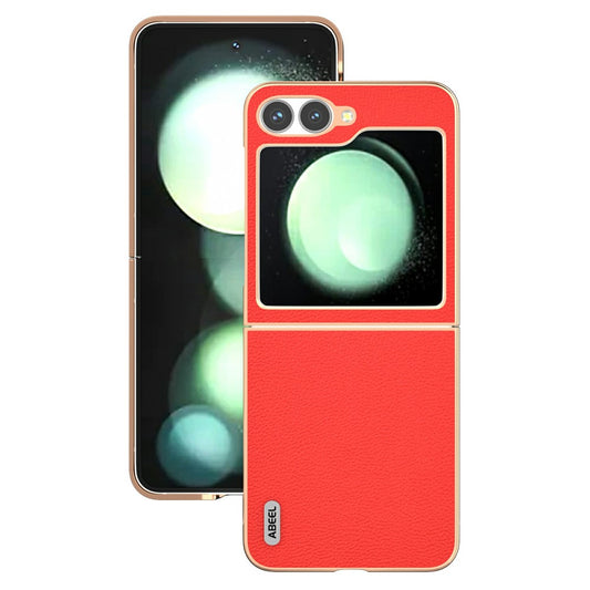 ABEEL For Samsung Galaxy Z Flip7 FE 5G / Z Flip6 5G Case Electroplating Edge Genuine Cow Leather Coated PC Phone Cover - Red