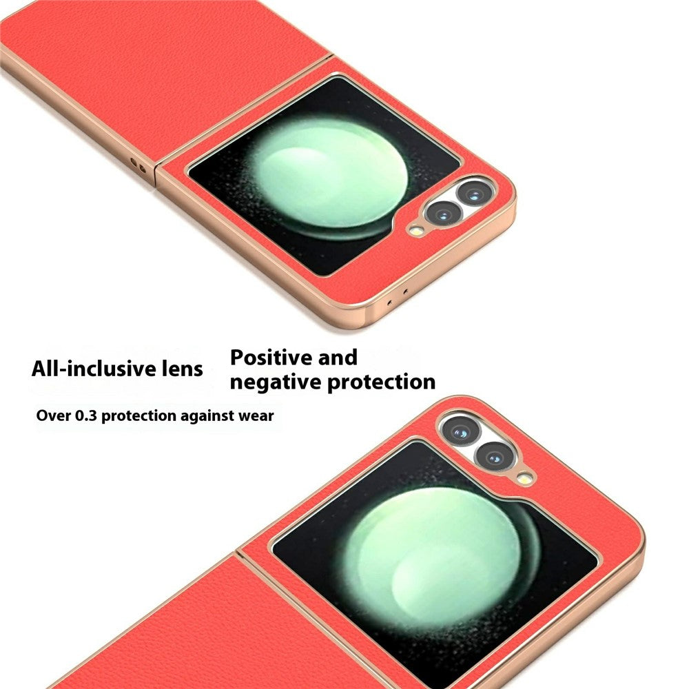 ABEEL For Samsung Galaxy Z Flip7 FE 5G / Z Flip6 5G Case Electroplating Edge Genuine Cow Leather Coated PC Phone Cover - Red