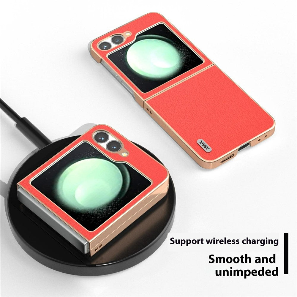 ABEEL For Samsung Galaxy Z Flip7 FE 5G / Z Flip6 5G Case Electroplating Edge Genuine Cow Leather Coated PC Phone Cover - Red