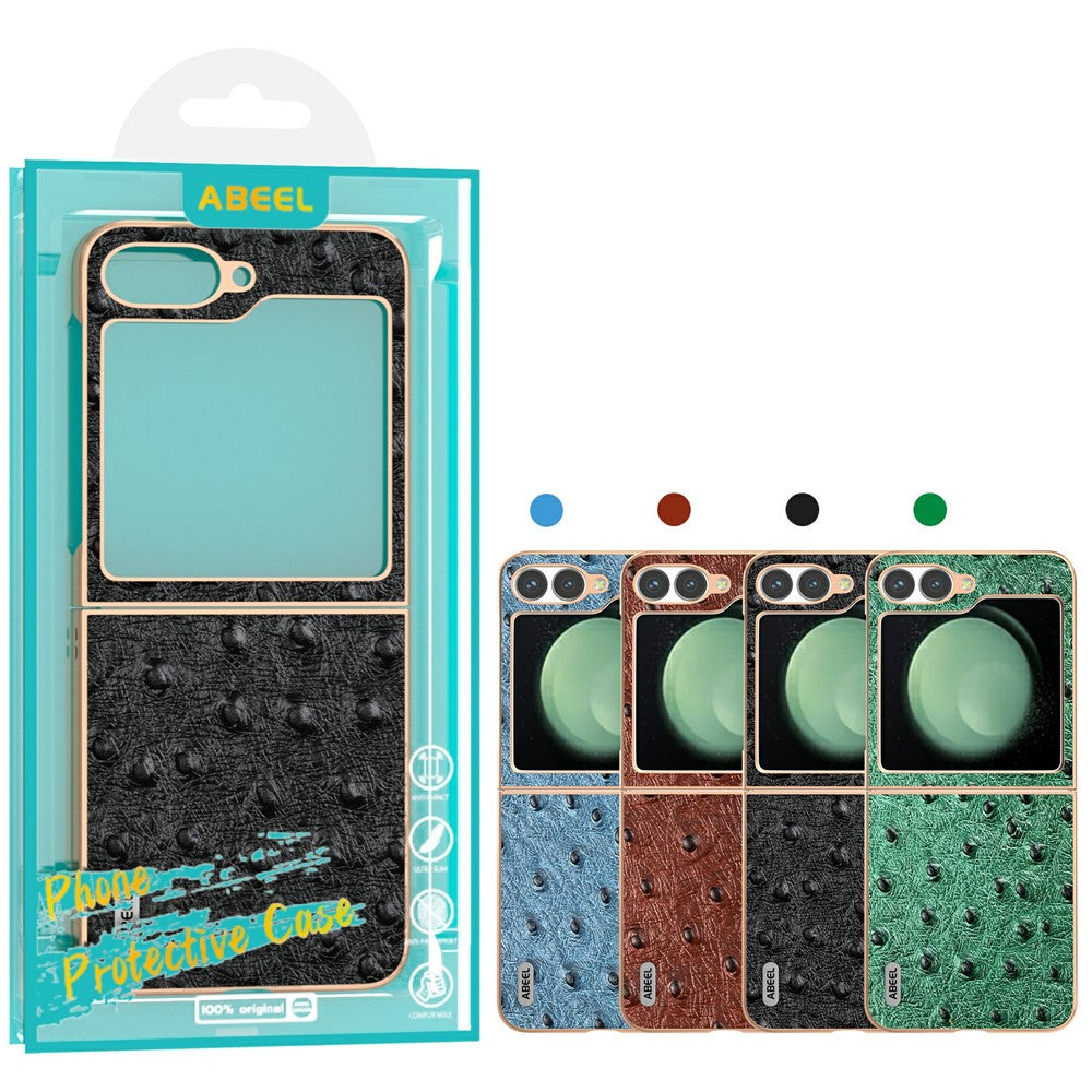 ABEEL For Samsung Galaxy Z Flip7 FE 5G / Z Flip6 5G Case Electroplating Edge Ostrich Texture Genuine Cow Leather Back Cover - Green