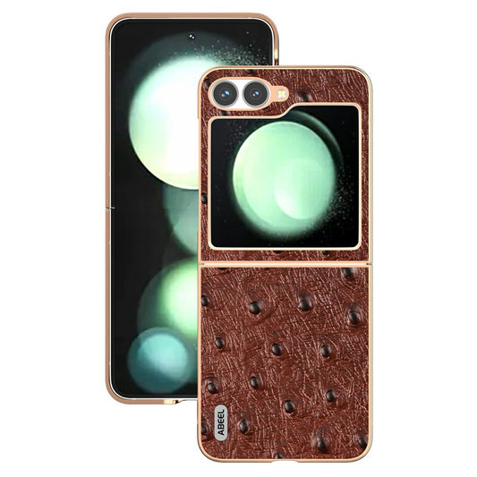 ABEEL For Samsung Galaxy Z Flip7 FE 5G / Z Flip6 5G Case Electroplating Edge Ostrich Texture Genuine Cow Leather Back Cover - Coffee