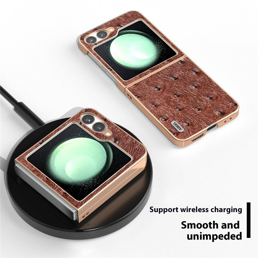 ABEEL For Samsung Galaxy Z Flip7 FE 5G / Z Flip6 5G Case Electroplating Edge Ostrich Texture Genuine Cow Leather Back Cover - Coffee