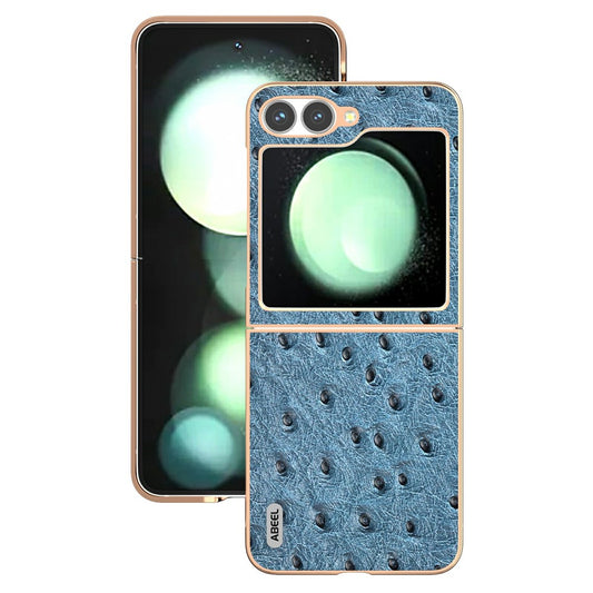 ABEEL For Samsung Galaxy Z Flip7 FE 5G / Z Flip6 5G Case Electroplating Edge Ostrich Texture Genuine Cow Leather Back Cover - Blue
