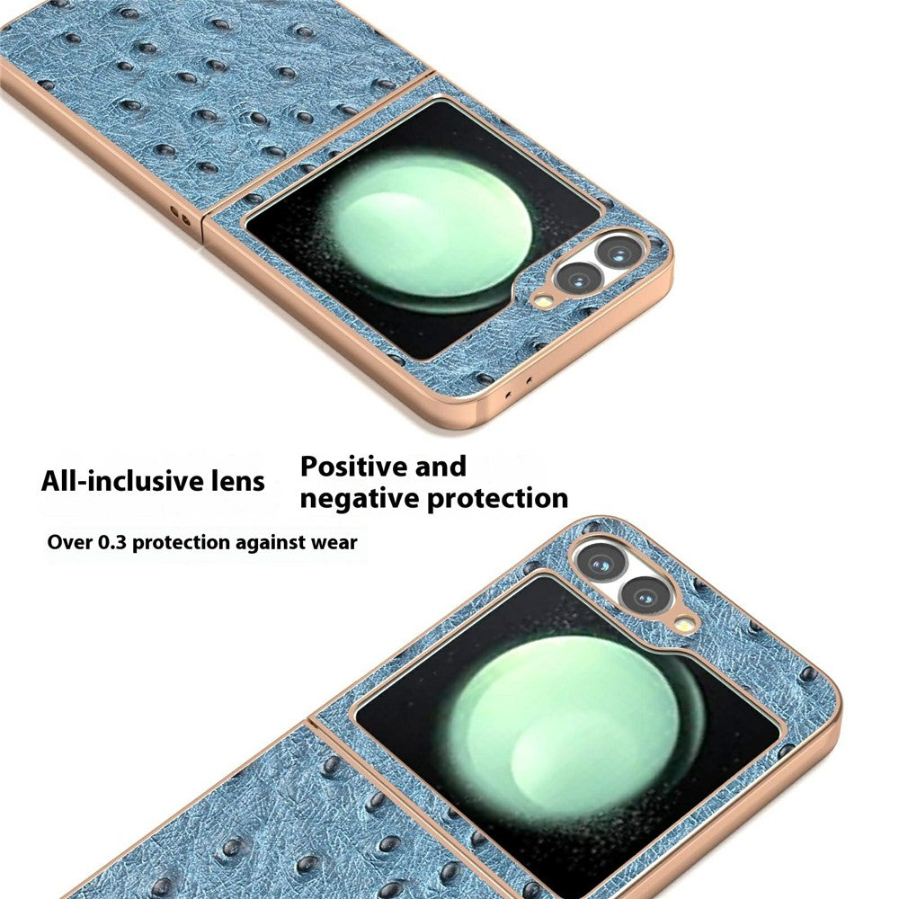 ABEEL For Samsung Galaxy Z Flip7 FE 5G / Z Flip6 5G Case Electroplating Edge Ostrich Texture Genuine Cow Leather Back Cover - Blue
