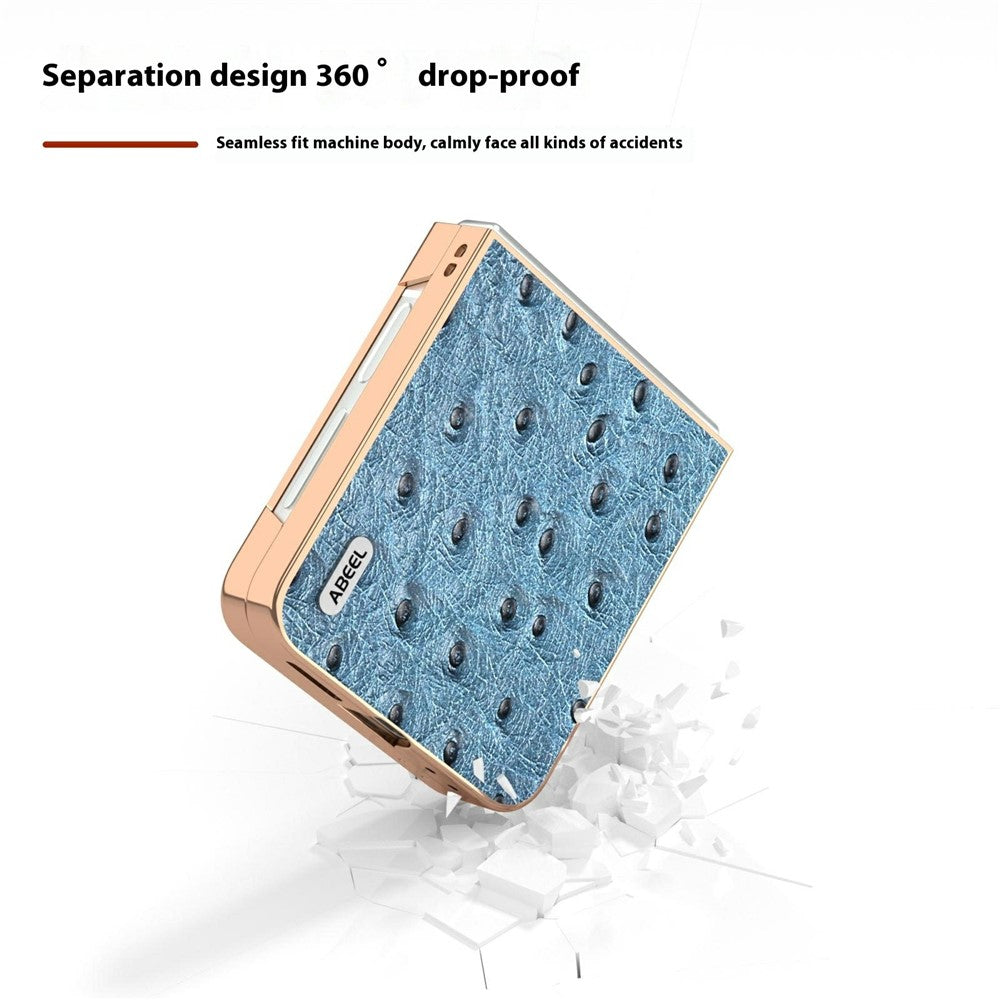 ABEEL For Samsung Galaxy Z Flip7 FE 5G / Z Flip6 5G Case Electroplating Edge Ostrich Texture Genuine Cow Leather Back Cover - Blue