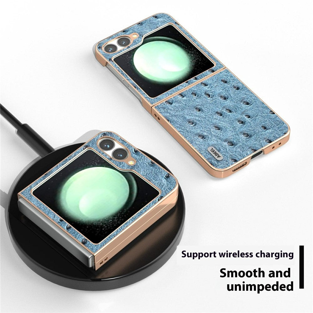 ABEEL For Samsung Galaxy Z Flip7 FE 5G / Z Flip6 5G Case Electroplating Edge Ostrich Texture Genuine Cow Leather Back Cover - Blue