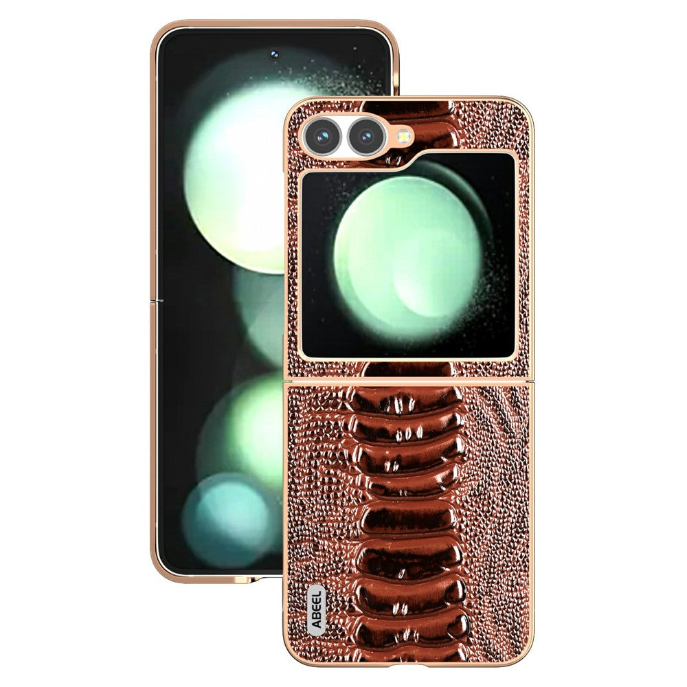 ABEEL For Samsung Galaxy Z Flip7 FE 5G / Z Flip6 5G Case Electroplating Edge Crocodile Texture Genuine Cow Leather+PC Phone Cover - Coffee