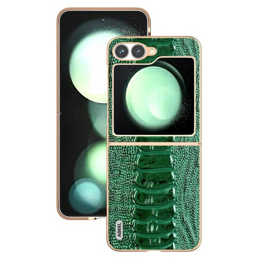 ABEEL For Samsung Galaxy Z Flip7 FE 5G / Z Flip6 5G Case Electroplating Edge Crocodile Texture Genuine Cow Leather+PC Phone Cover - Green