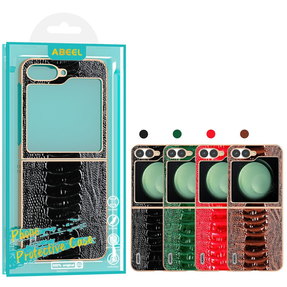 ABEEL For Samsung Galaxy Z Flip7 FE 5G / Z Flip6 5G Case Electroplating Edge Crocodile Texture Genuine Cow Leather+PC Phone Cover - Green