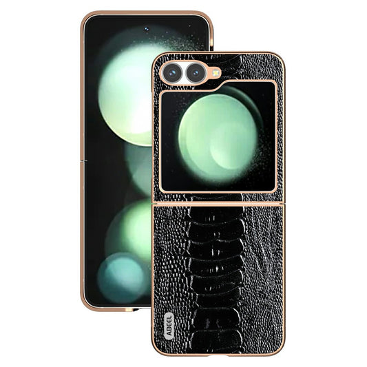 ABEEL For Samsung Galaxy Z Flip7 FE 5G / Z Flip6 5G Case Electroplating Edge Crocodile Texture Genuine Cow Leather+PC Phone Cover - Black