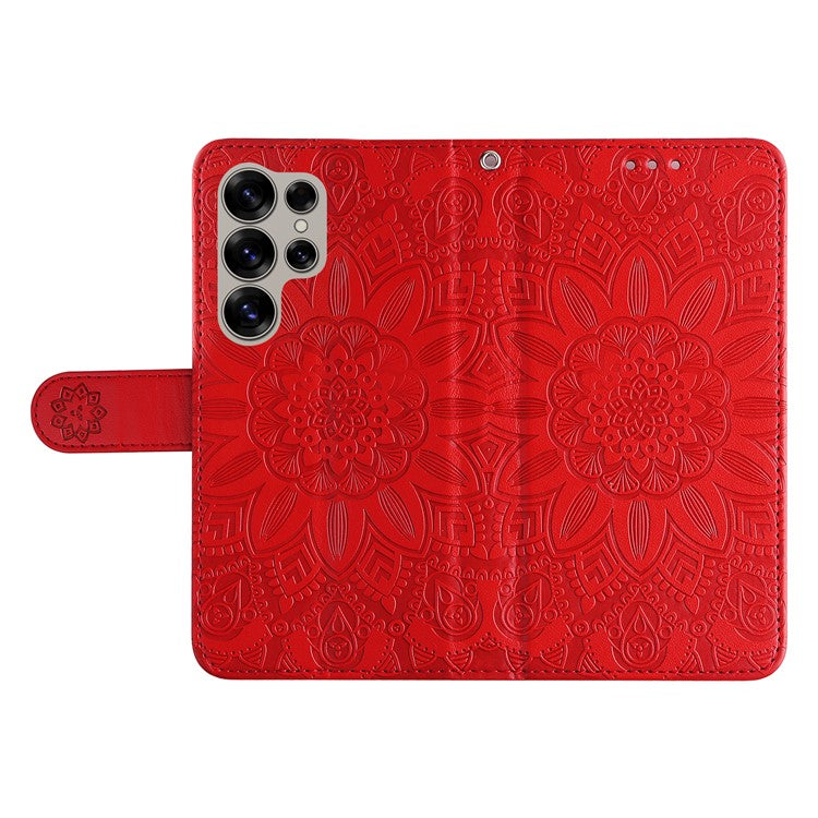 For Samsung Galaxy S25 Ultra Case Sunflower Imprint Leather Wallet Phone Cover - Red
