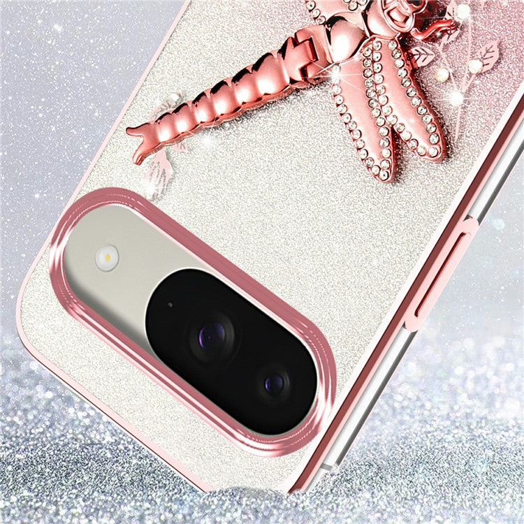 KADEM For Google Pixel 9 Pro  /  Pixel 9 Case Dragonfly Kickstand TPU Flowers Glitter Phone Cover - Pink