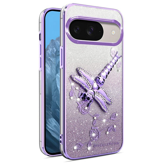 KADEM For Google Pixel 9 Pro  /  Pixel 9 Case Dragonfly Kickstand TPU Flowers Glitter Phone Cover - Purple