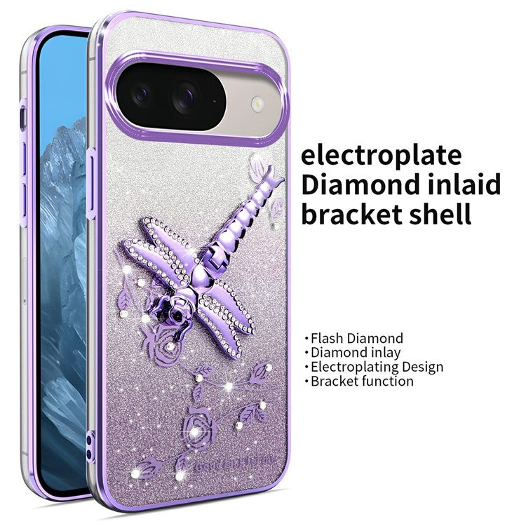 KADEM For Google Pixel 9 Pro  /  Pixel 9 Case Dragonfly Kickstand TPU Flowers Glitter Phone Cover - Purple