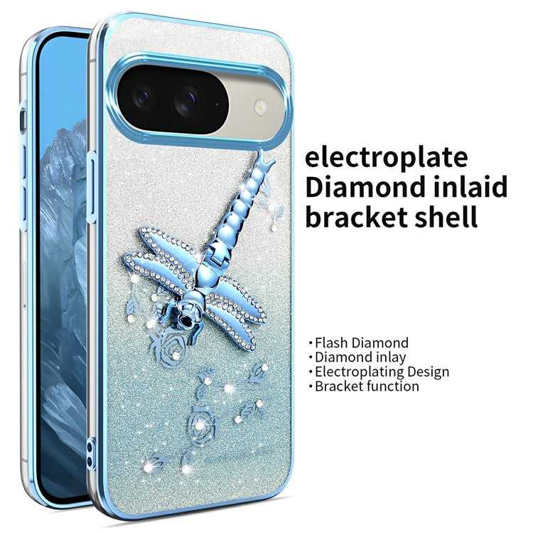 KADEM For Google Pixel 9 Pro  /  Pixel 9 Case Dragonfly Kickstand TPU Flowers Glitter Phone Cover - Blue