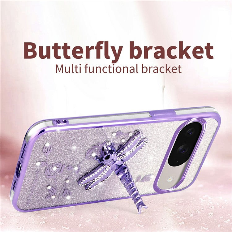 KADEM For Google Pixel 9 Pro  /  Pixel 9 Case Dragonfly Kickstand TPU Flowers Glitter Phone Cover - Blue