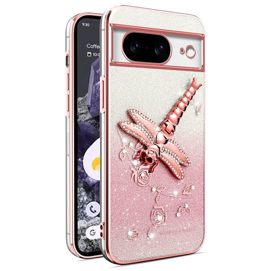 KADEM For Google Pixel 8 Case Dragonfly Kickstand TPU Flowers Glitter Phone Cover - Pink