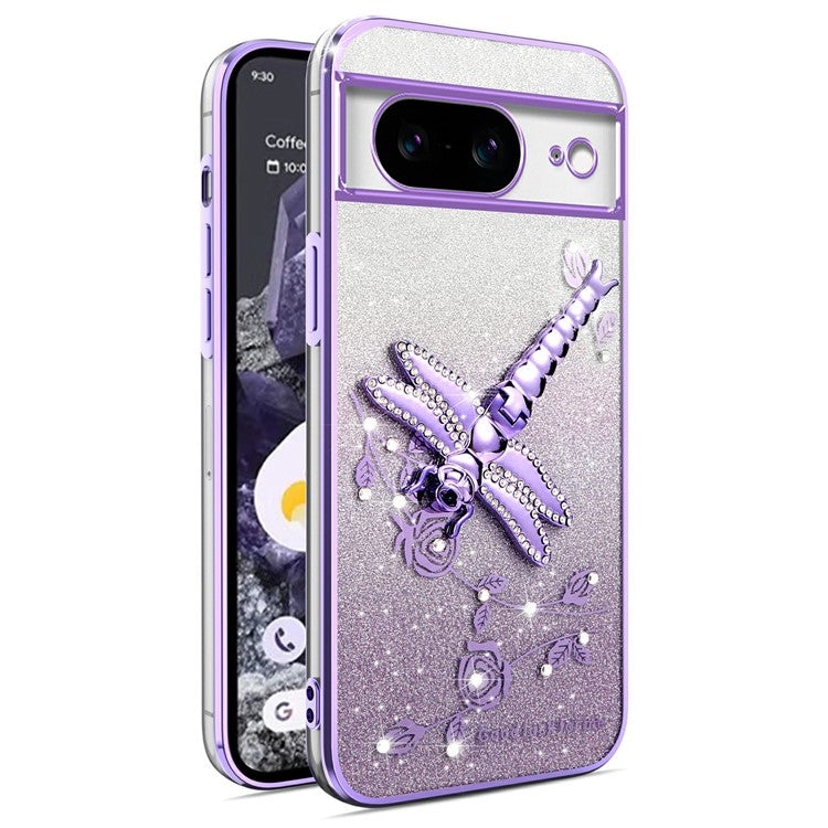 KADEM For Google Pixel 8 Case Dragonfly Kickstand TPU Flowers Glitter Phone Cover - Purple