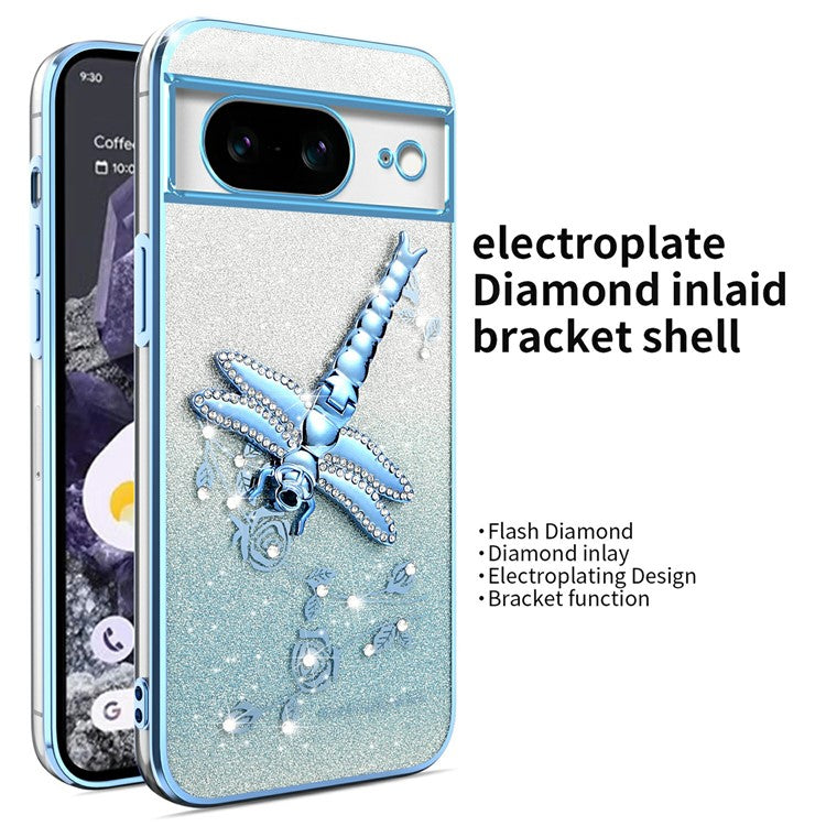 KADEM For Google Pixel 8 Case Dragonfly Kickstand TPU Flowers Glitter Phone Cover - Blue