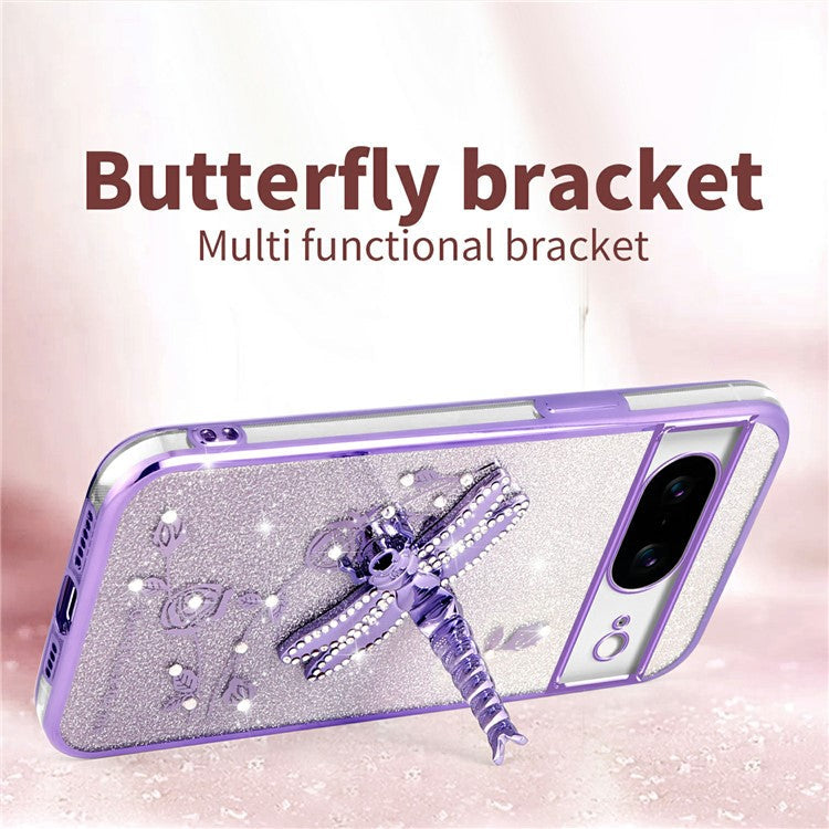KADEM For Google Pixel 8 Case Dragonfly Kickstand TPU Flowers Glitter Phone Cover - Blue