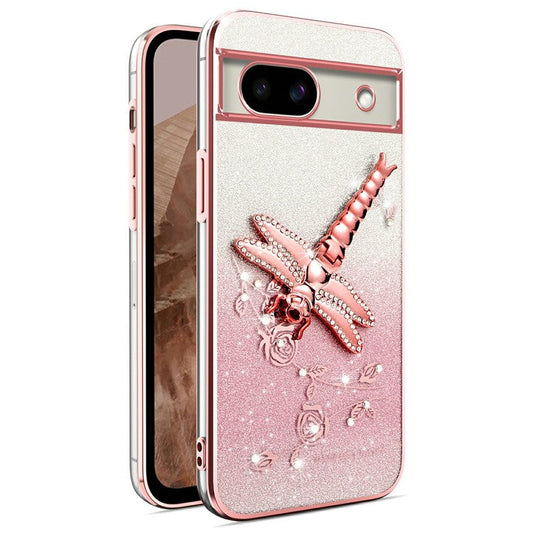 KADEM For Google Pixel 8a Case Dragonfly Kickstand TPU Flowers Glitter Phone Cover - Pink