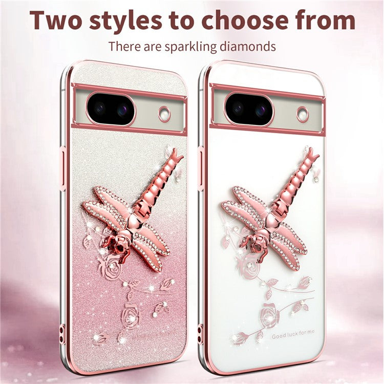 KADEM For Google Pixel 8a Case Dragonfly Kickstand TPU Flowers Glitter Phone Cover - Pink