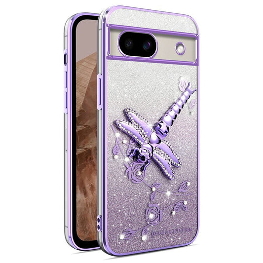 KADEM For Google Pixel 8a Case Dragonfly Kickstand TPU Flowers Glitter Phone Cover - Purple