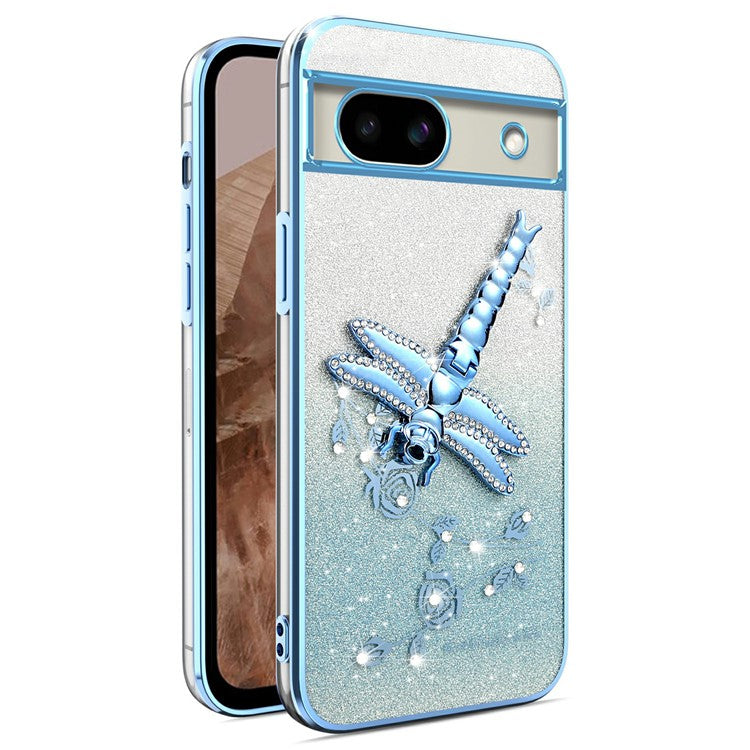 KADEM For Google Pixel 8a Case Dragonfly Kickstand TPU Flowers Glitter Phone Cover - Blue