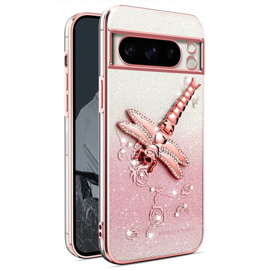 KADEM For Google Pixel 8 Pro Case Dragonfly Kickstand TPU Flowers Glitter Phone Cover - Pink