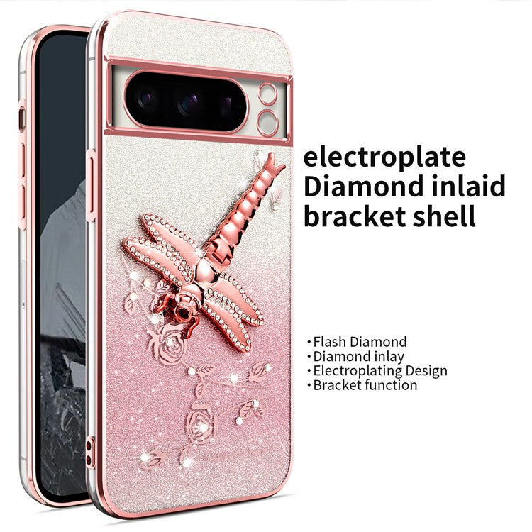 KADEM For Google Pixel 8 Pro Case Dragonfly Kickstand TPU Flowers Glitter Phone Cover - Pink