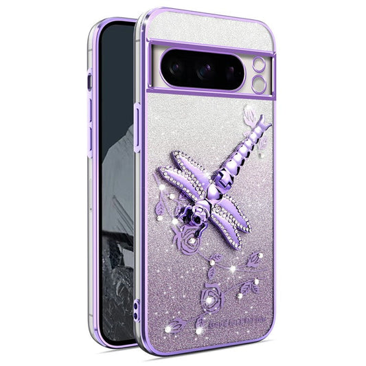KADEM For Google Pixel 8 Pro Case Dragonfly Kickstand TPU Flowers Glitter Phone Cover - Purple