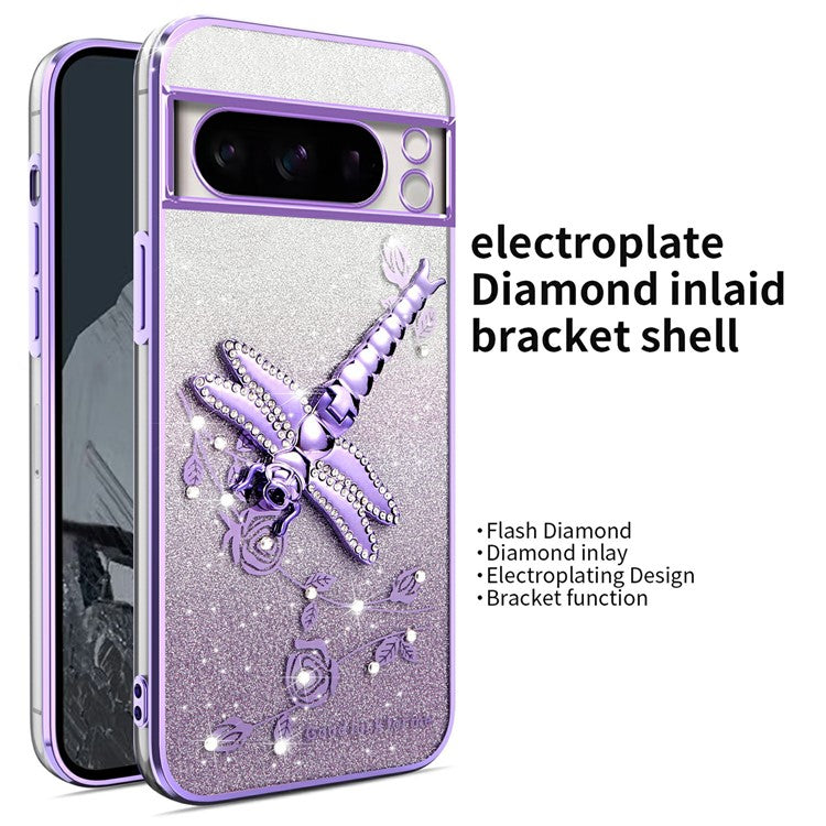 KADEM For Google Pixel 8 Pro Case Dragonfly Kickstand TPU Flowers Glitter Phone Cover - Purple