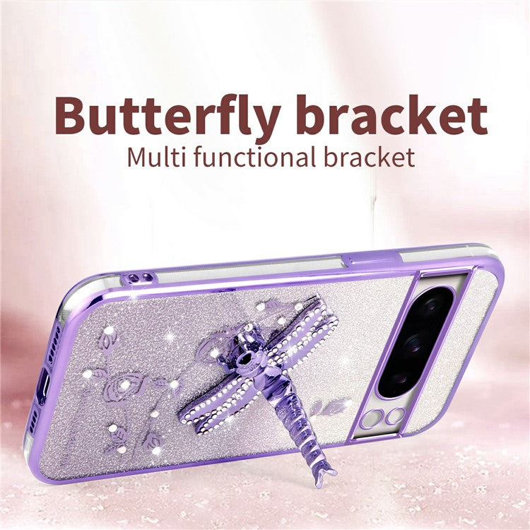KADEM For Google Pixel 8 Pro Case Dragonfly Kickstand TPU Flowers Glitter Phone Cover - Purple
